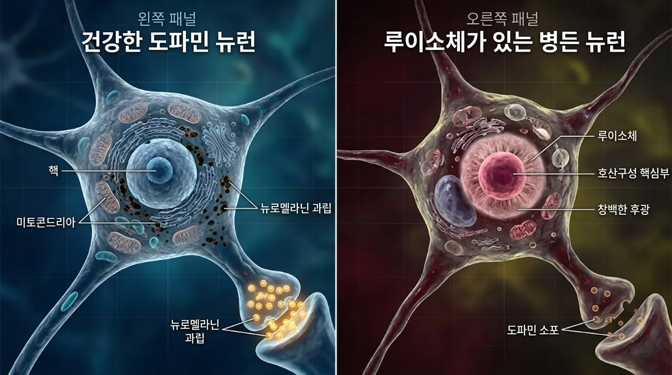루이소체의 발견 — 건강한 뉴런 vs 병든 뉴런