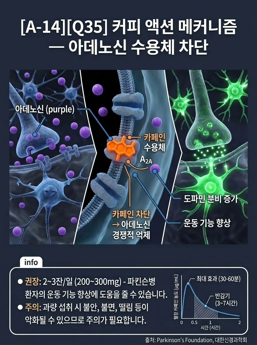 커피 액션 메커니즘 — 아데노신 수용체 차단