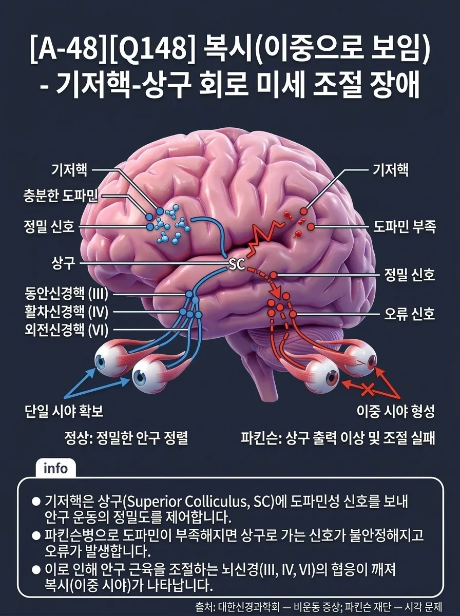 복시 — 기저핵-상구 회로 미세 조절 장애
