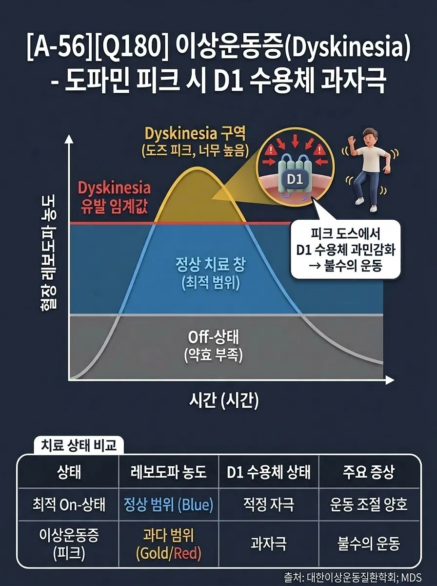 이상운동증(Dyskinesia) — 도파민 피크 시 D1 수용체 과자극