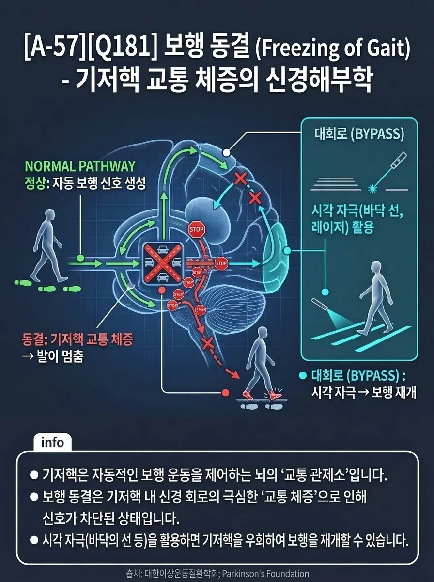 보행 동결과 약효 — 기저핵 교통 체증의 신경해부학