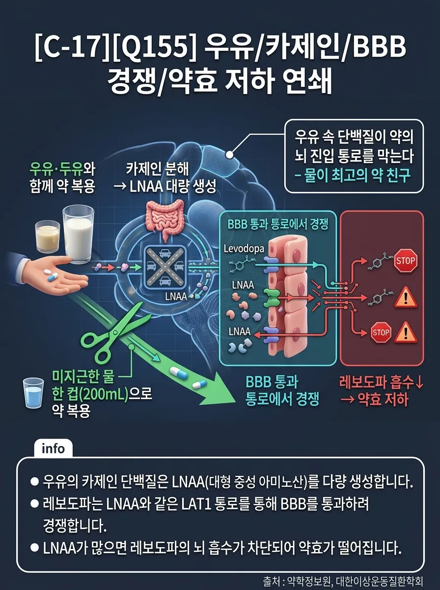 우유/카제인/BBB 경쟁/약효 저하 연쇄