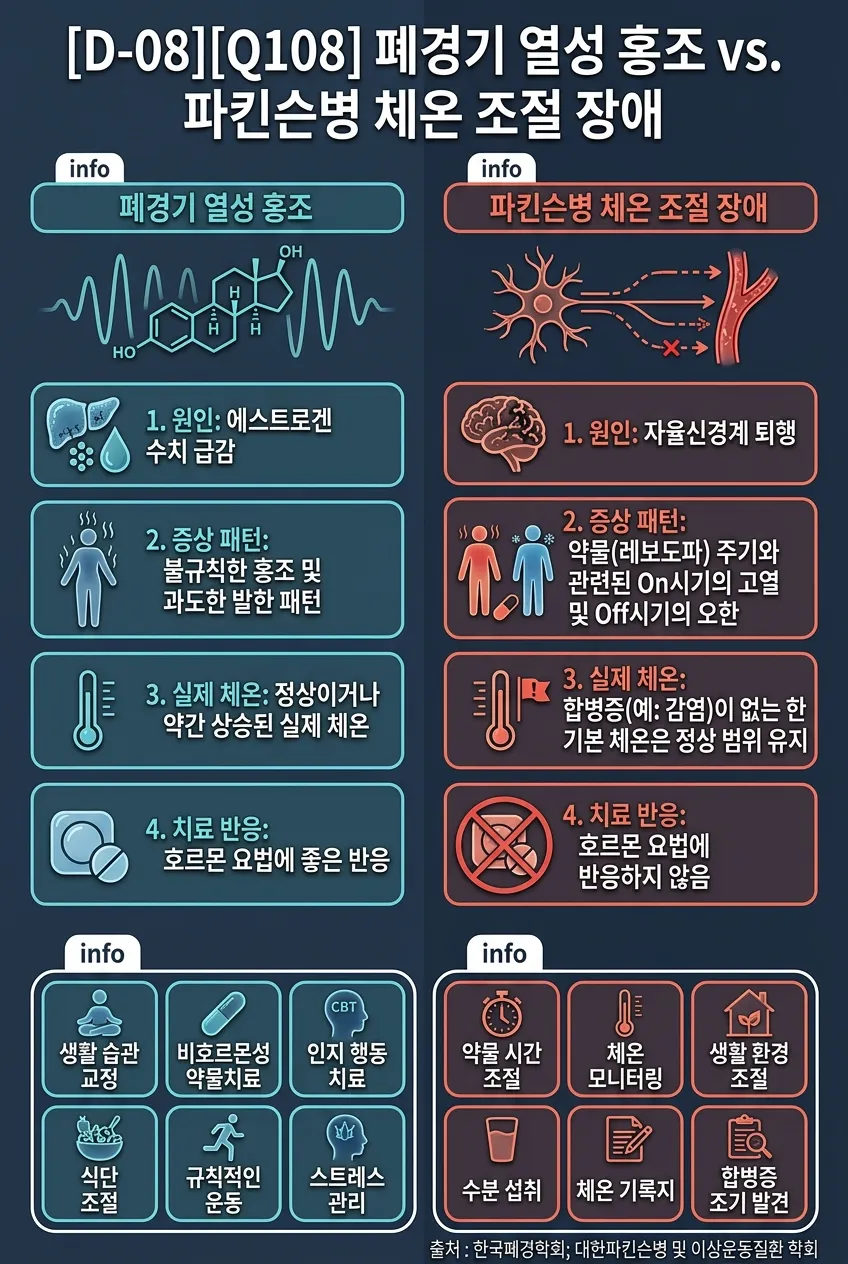 폐경기 열성 홍조 vs 파킨슨병 체온 조절 장애