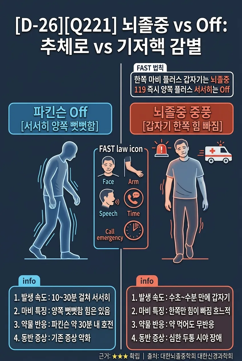 뇌졸중 vs 파킨슨 Off: 추체로 vs 기저핵 감별